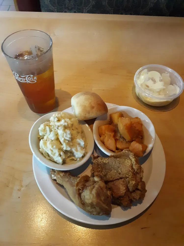 Fried Dark Meat Chicken Potato Salad Candied Yams Roll Banana Pudding Sweet Tea